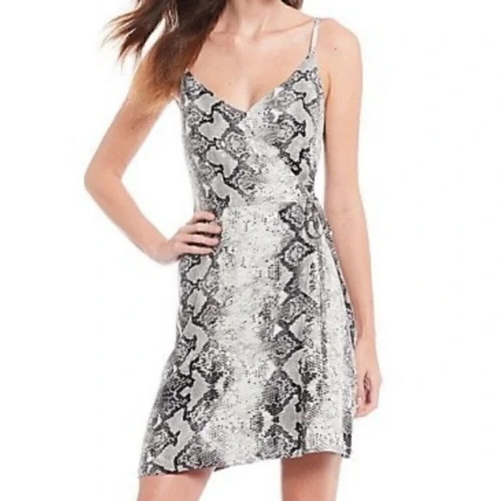 NWT Evereve Sanctuary Wrap it Up Slip Dress in Queen Snake Skin Print Black Gray